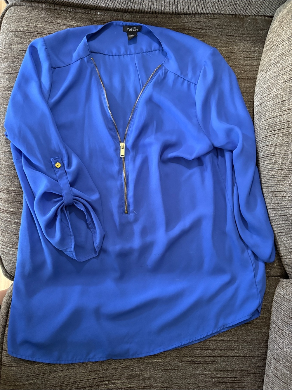 Rue21 Cobalt Blue Half-Zip Roll-Sleeve Blouse